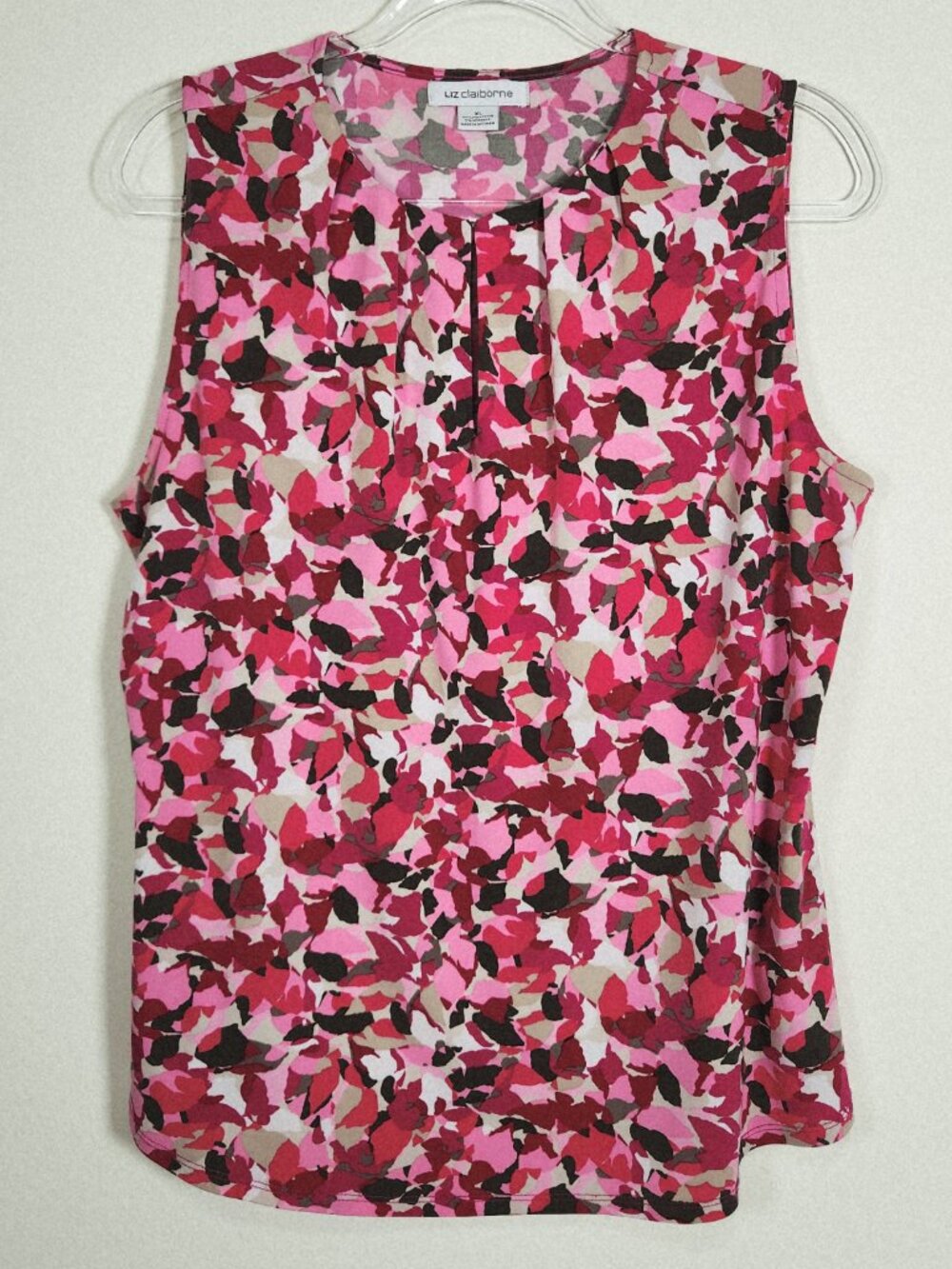 Liz Claiborne Pink Camo Size XL Pleated Neck Tank Top Blouse Shirt Sleeveless